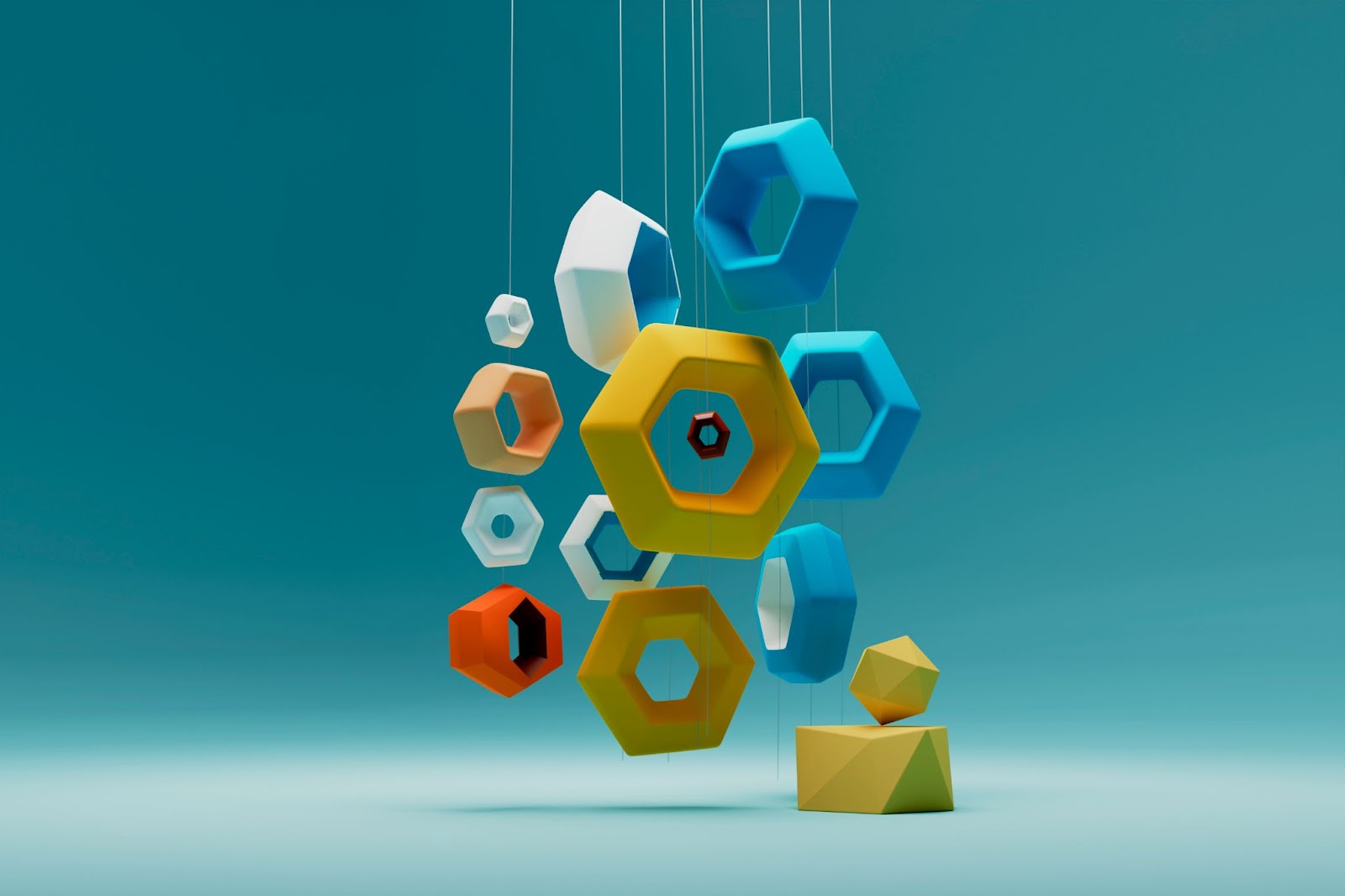 blue 3D background with colorful hexagonal shapes hanging