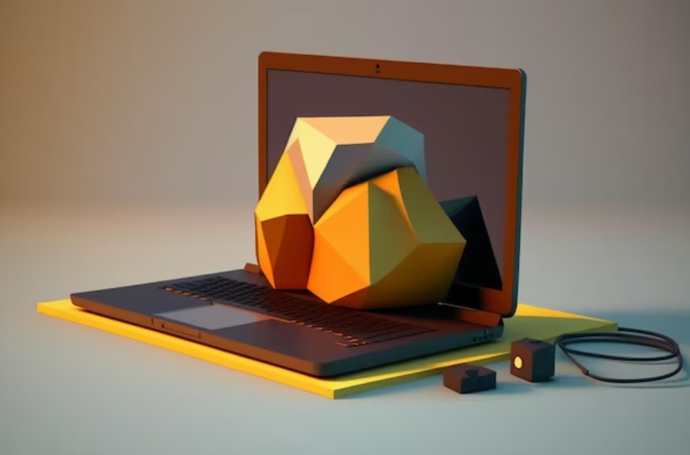 a laptop in 3D with a pile of yellow 3D rocks on the keyboard