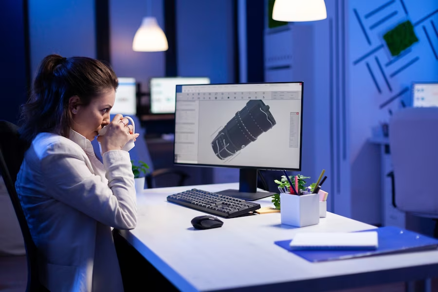 A girl having coffee while working on a 3D designing project using a computer