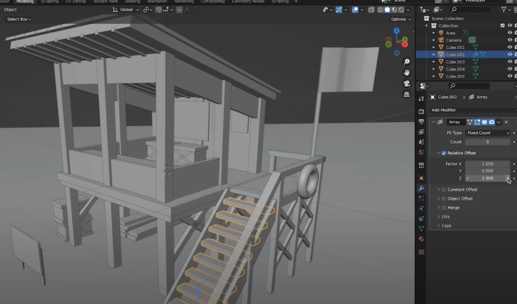 A screenshot of Blender designing an all-white draft building