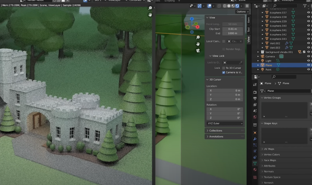 A screenshot of Blender creating a 3D building in a grassy environment