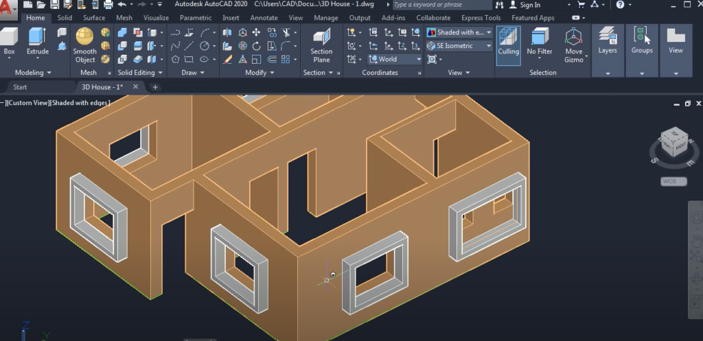 A computer screen with AutoCAD in action, designing a 3D house