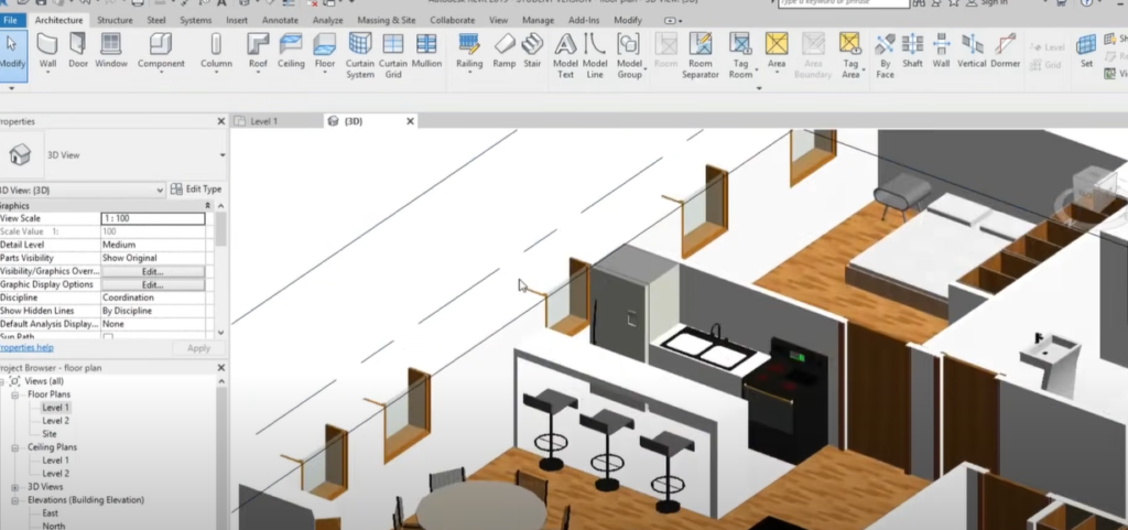 A computer screen displaying revit software used for 3D house design